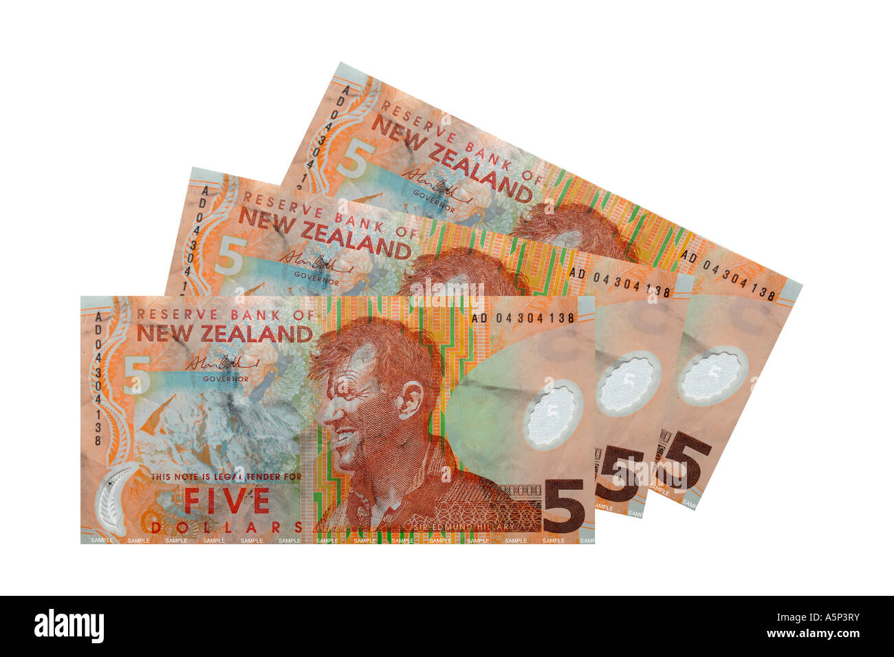 Eine Gruppe von Neuseeland 5 Dollar Noten. Stockfoto