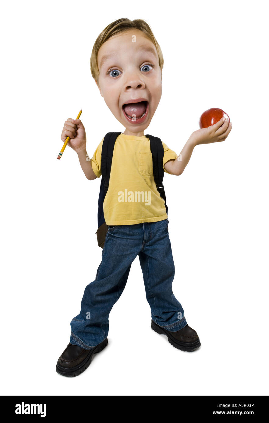 Foto Karikatur eines jungen mit Apfel und Bleistift Stockfoto