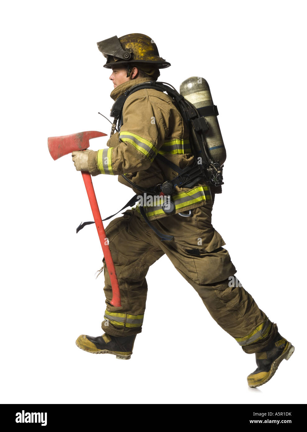 Feuerwehrmann mit Axt Stockfoto