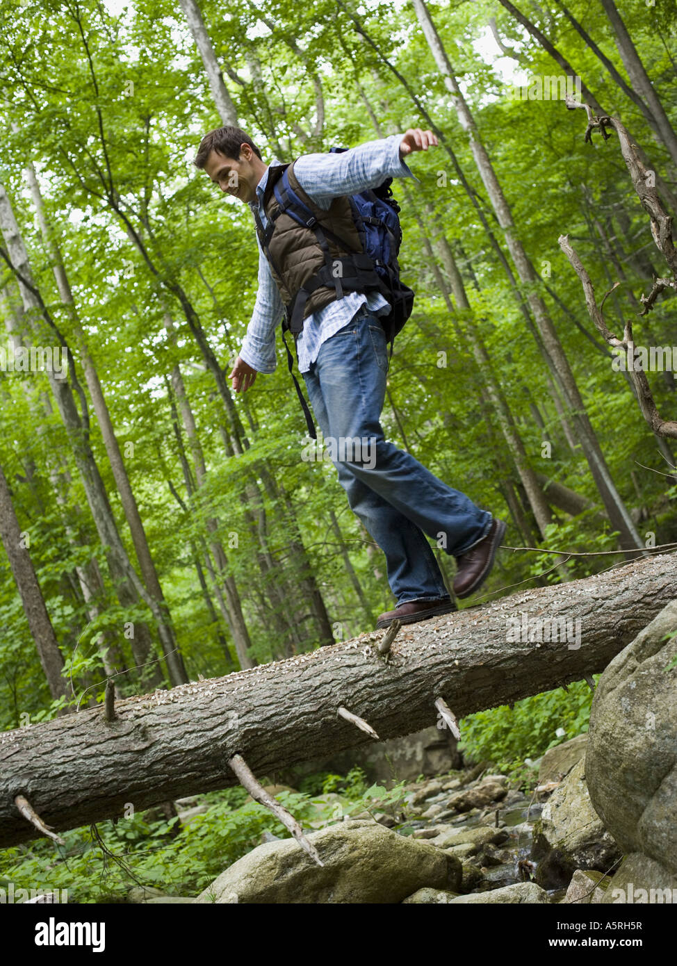 Niedrigen Winkel Blick eines jungen Mannes zu Fuß auf einen umgestürzten Baum Stockfoto