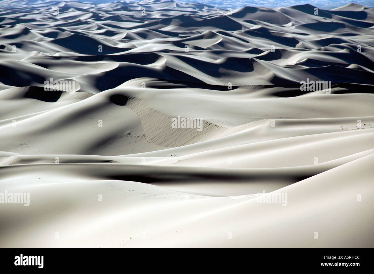 Licht und Schatten auf weit verbreitete Sanddünen in der Gobi Wüste Khongoryn Els Gurvan Saikhan Nationalpark Mongolei Stockfoto