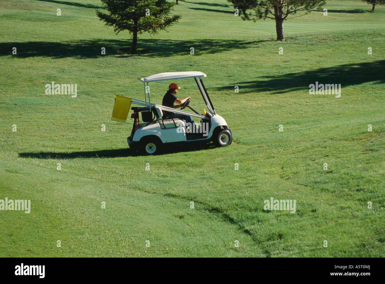 Platzwart fahren Golf-Cart auf Kurs Stockfoto
