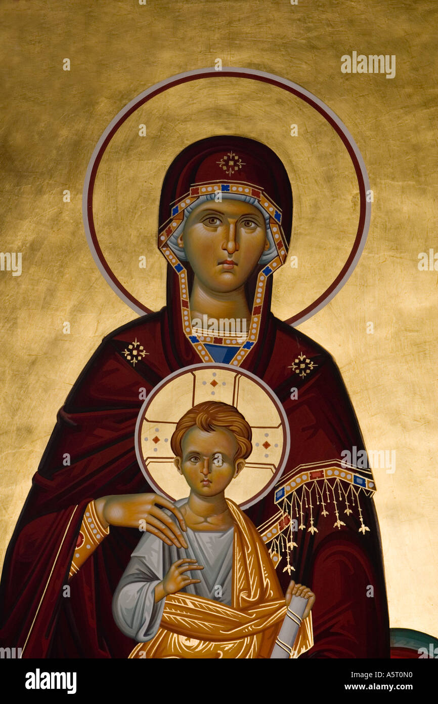 Madonna und Kind Jesus Christus Dekoration alte Kirche Griechenland Stockfoto