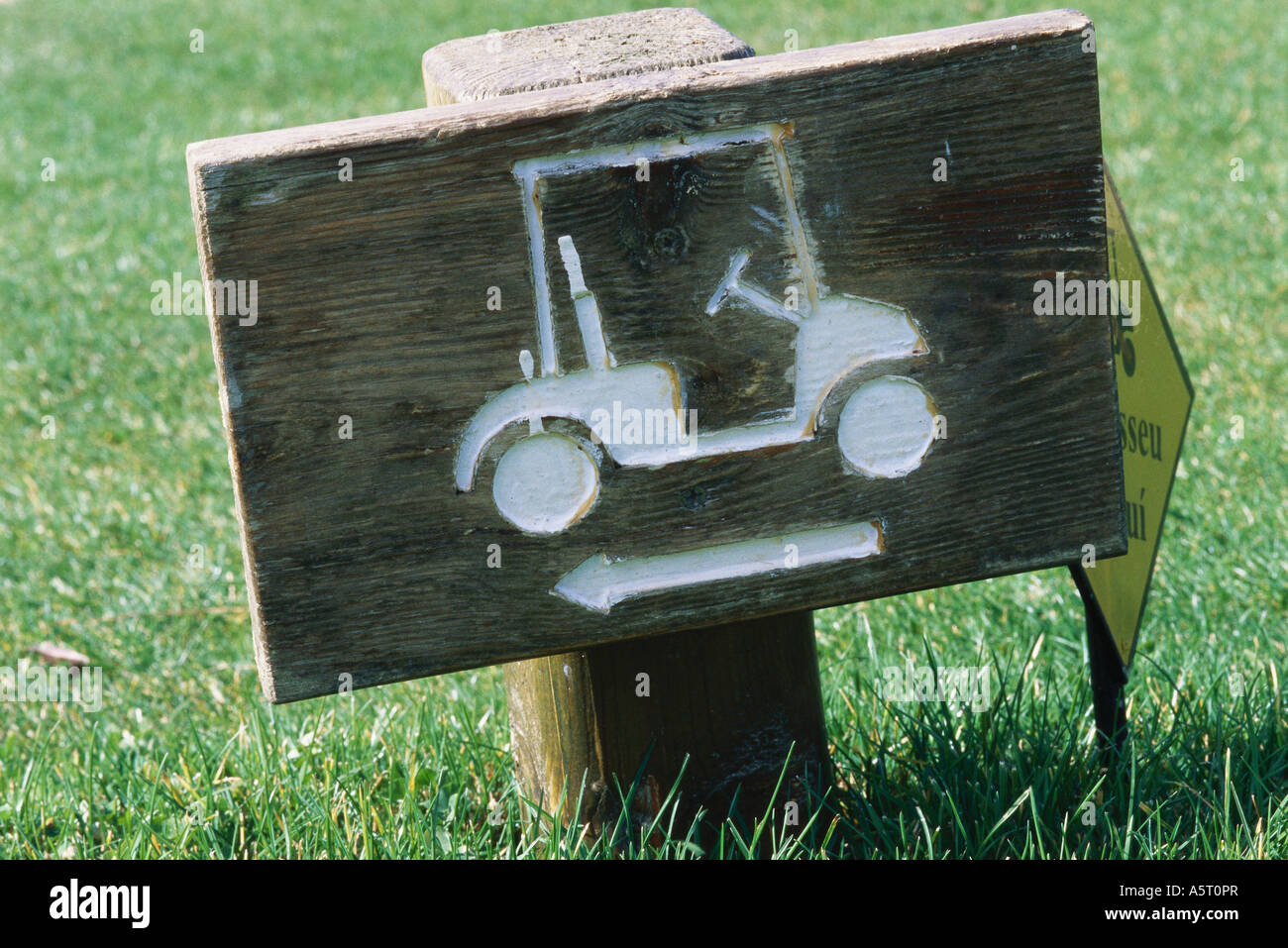 Holzschild mit Golf-Cart und Pfeil Stockfoto