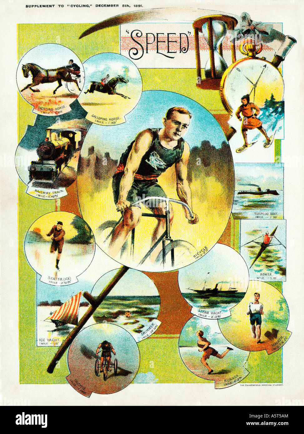 Geschwindigkeit Radfahren 1891 Magazin Abbildung Vergleich der Geschwindigkeit eines Fahrrades mit anderen Verkehrsträgern Stockfoto