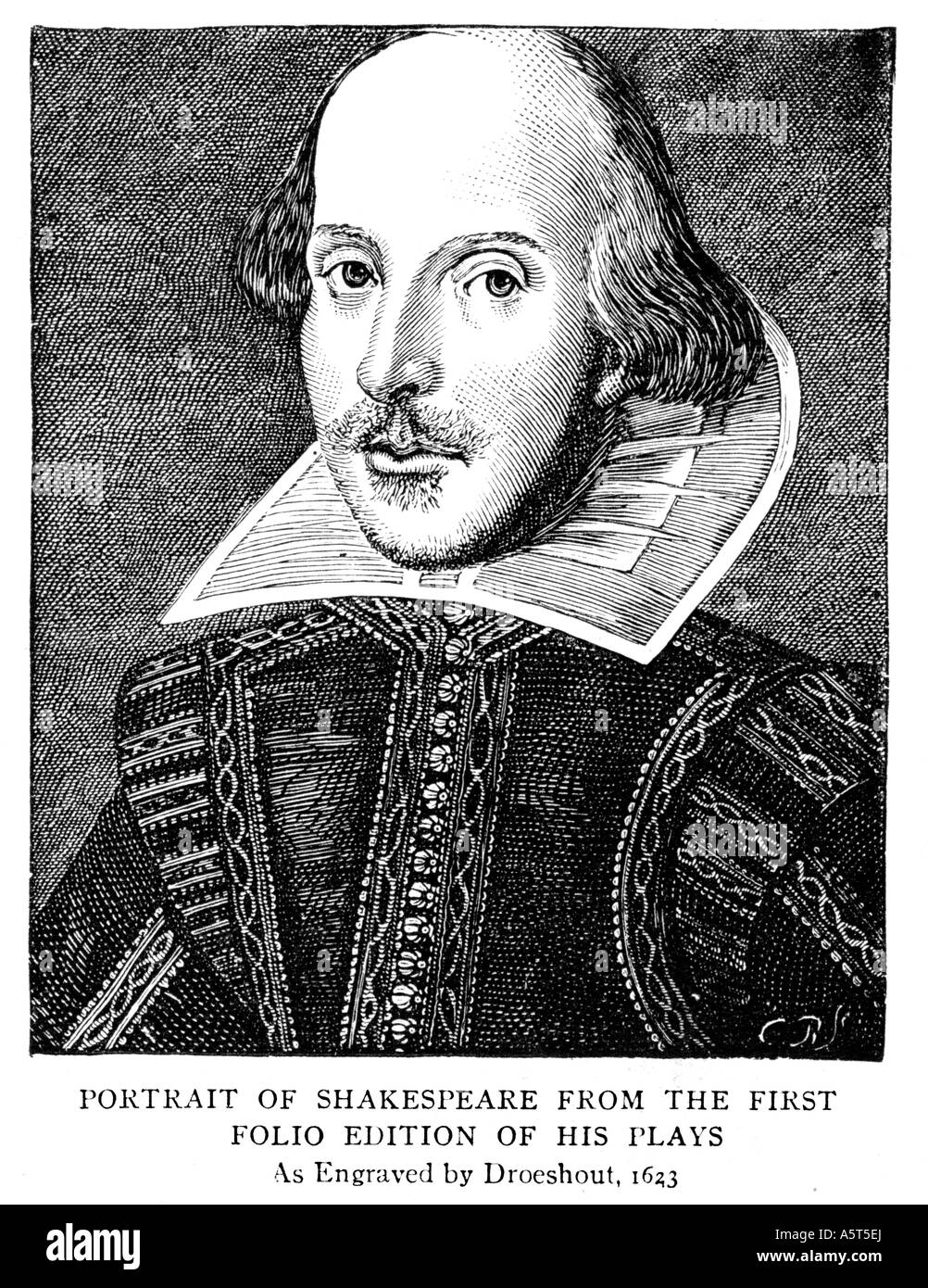 William Shakespeare das Droeshout-Porträt des Barden aus das Titelbild des ersten Blattes in 1623 veröffentlicht Stockfoto