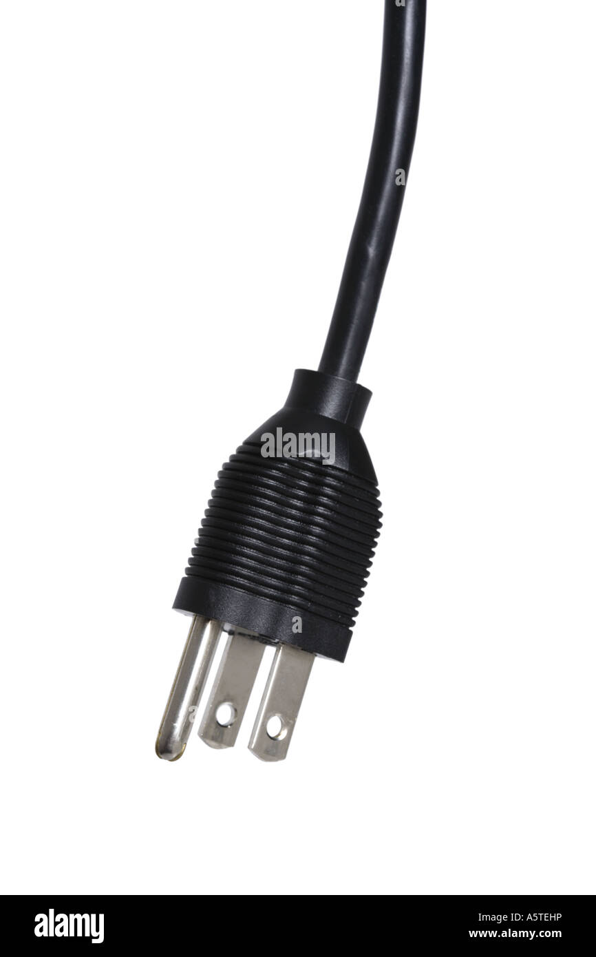 Drei Zinken Elektrostecker ausgeschnitten auf weißem Hintergrund Stockfoto
