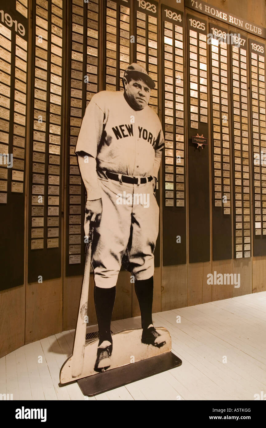 Ausschnitt aus dem Babe steht vor einer Liste aller seiner 714 Hauptdurchläufe in Babe Ruth Geburtsort und Museum, Baltimore, Maryland. Stockfoto