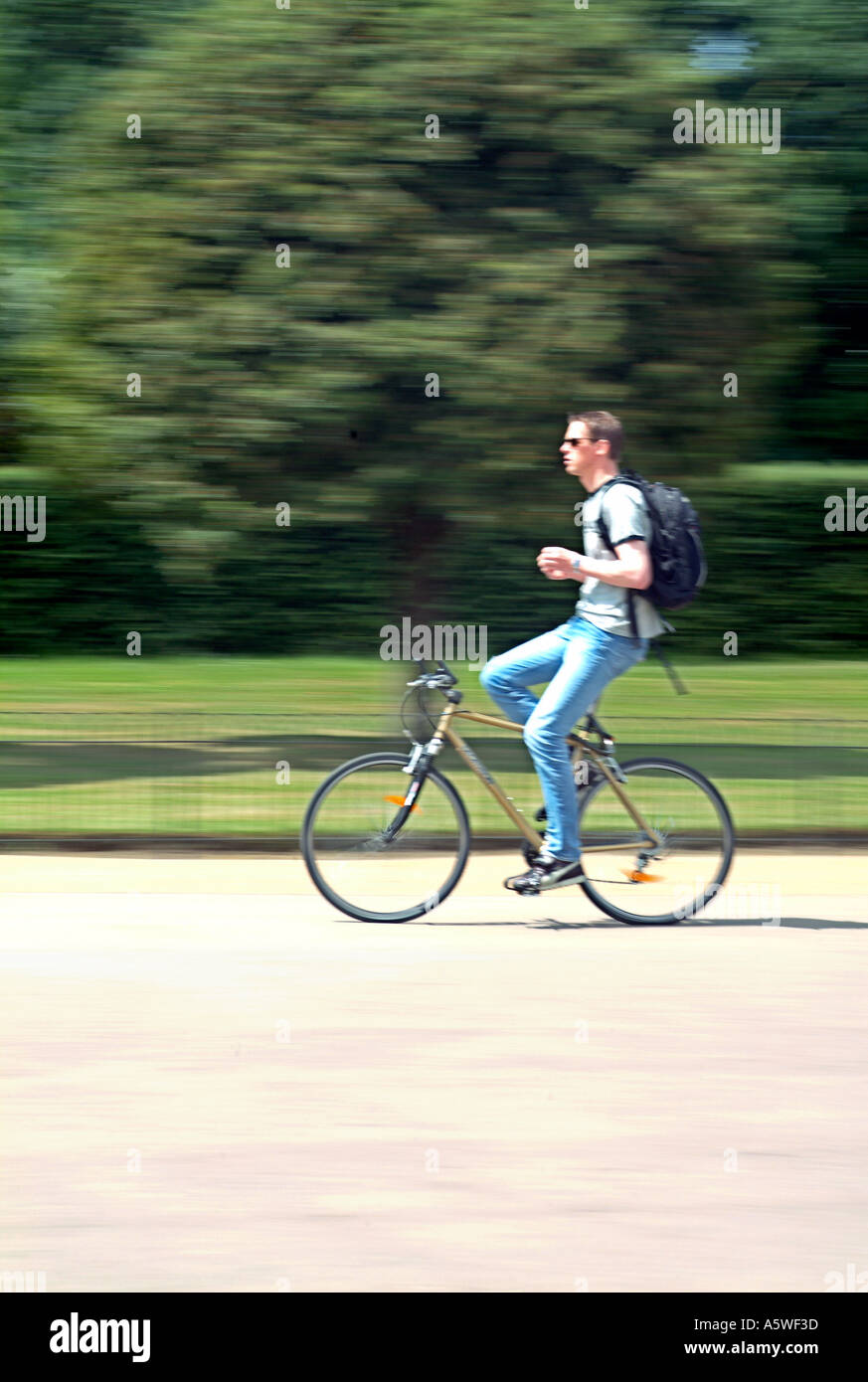Ein Radfahrer fahren ohne halten des Lenkers im Londoner Hyde Park. Stockfoto