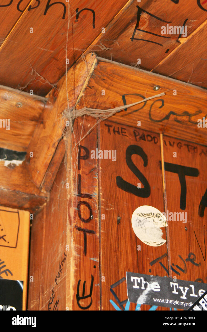 Spinnweben in einer Woodern-Hütte, umgeben von graffiti Stockfoto