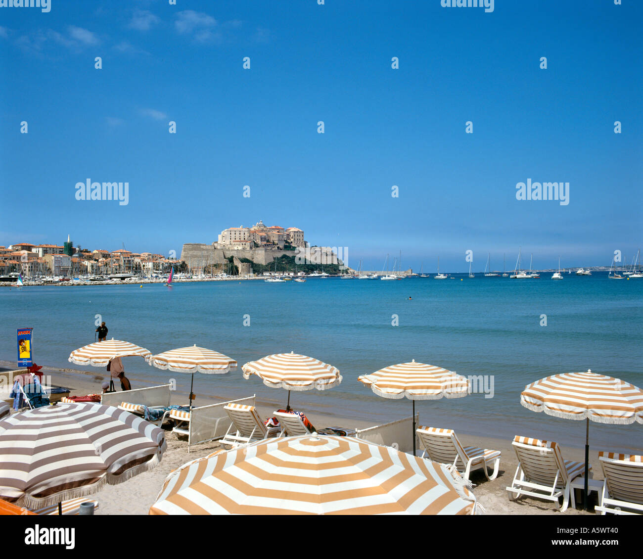 Strand mit Blick auf Altstadt, Calvi, Korsika, Frankreich Stockfoto