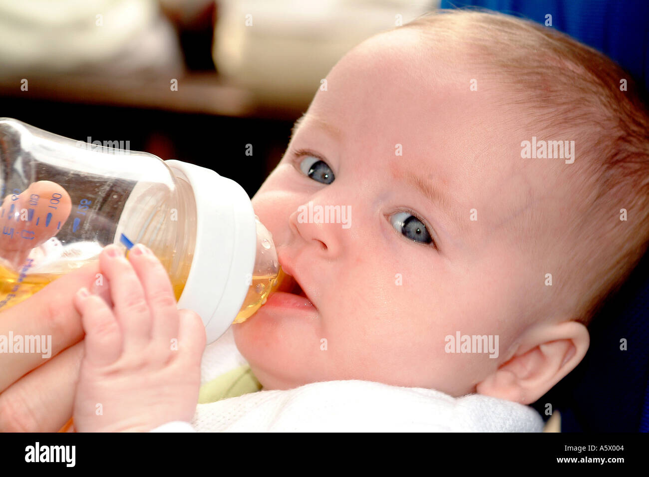 Ein 5 - Monate altes Baby Mädchen aus einer Flasche füttern. Stockfoto