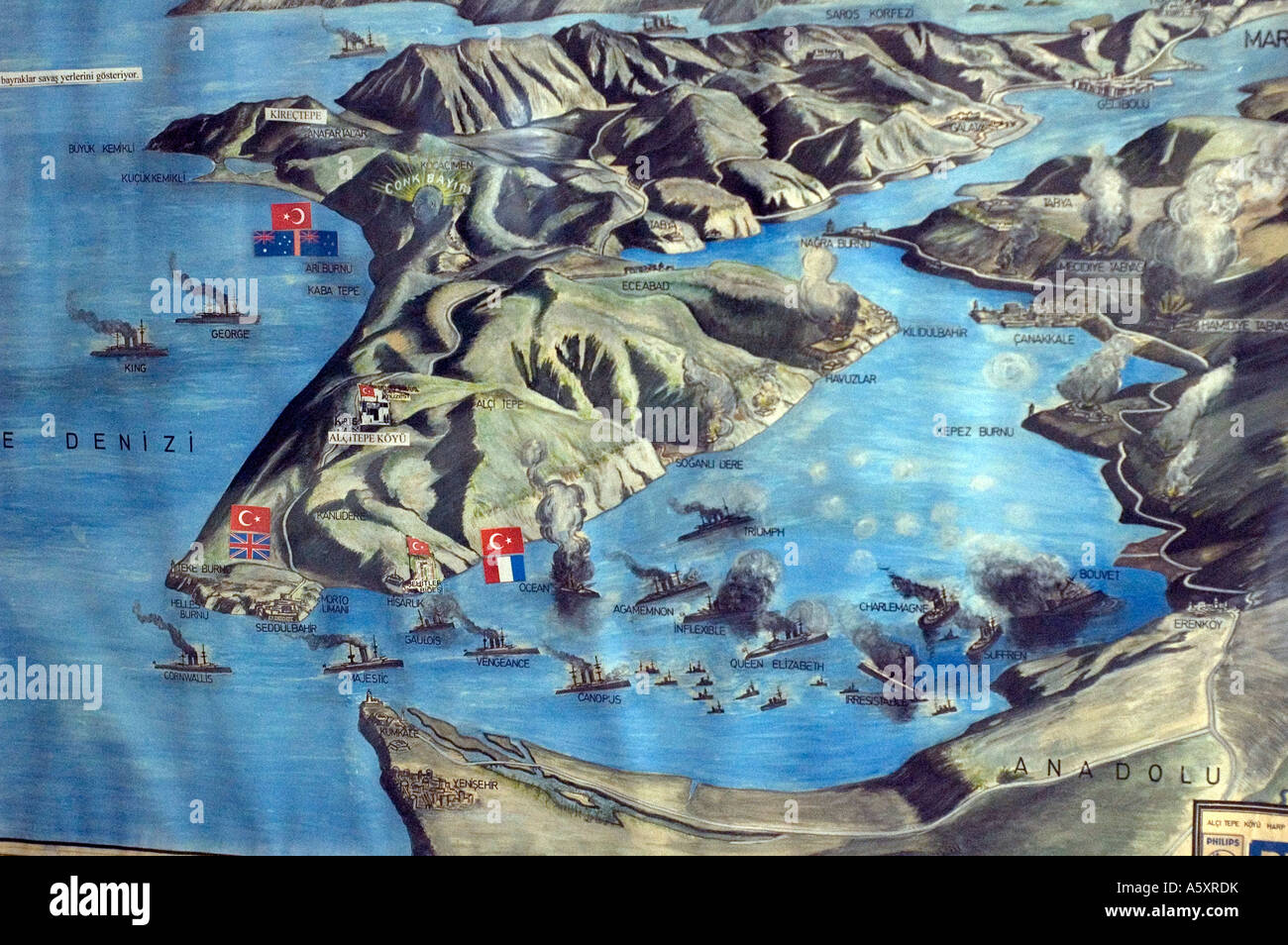 Eine Karte von WW1 Marine und und Operationen rund um die Halbinsel Gallipoli auf Anzeige in einem Museum in Gallipoli, Türkei. Stockfoto