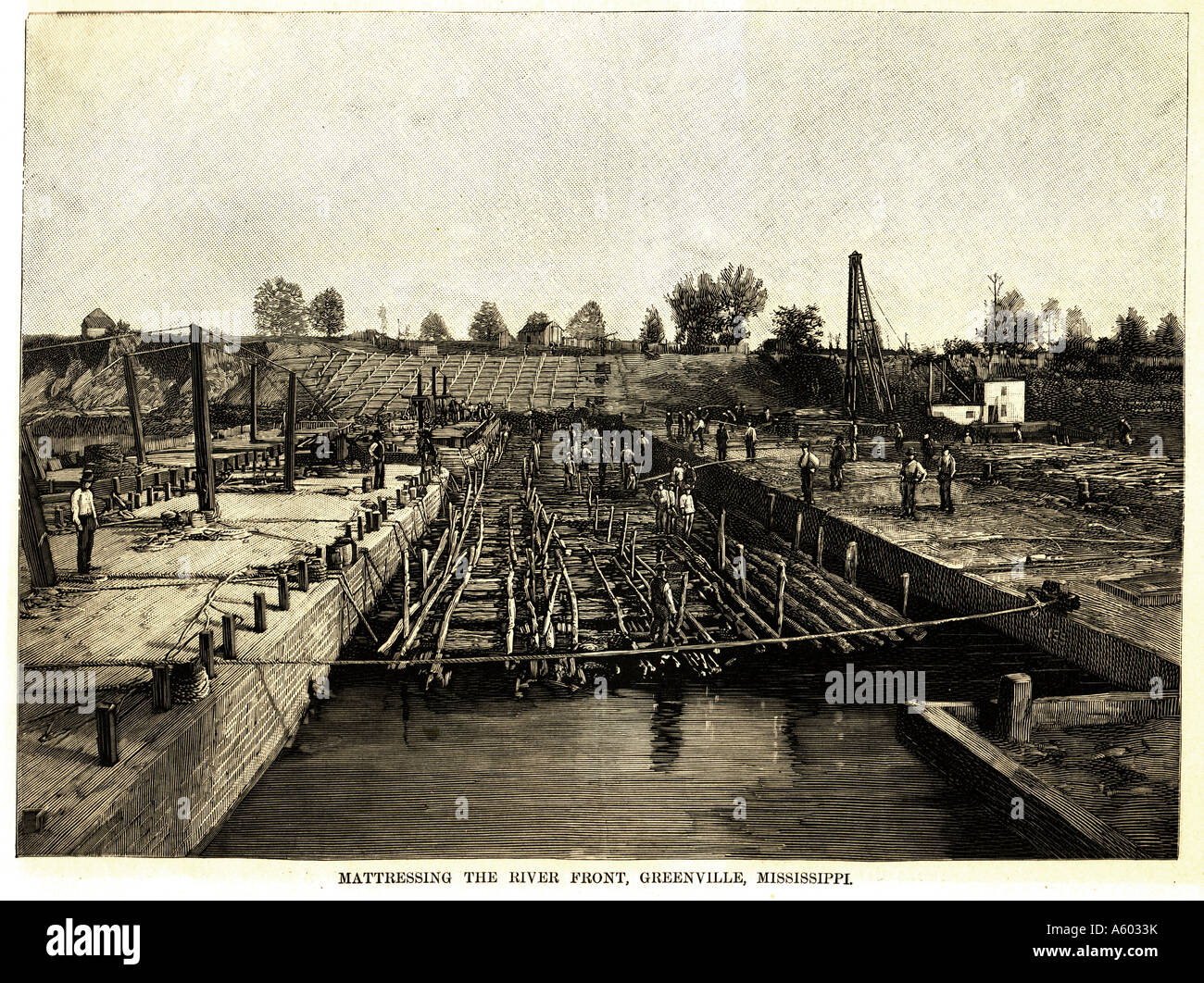 Mississippi-Hochwasser im Jahre 1890. Kabelwartung die Flussfront Greenville Mississippi. Stockfoto
