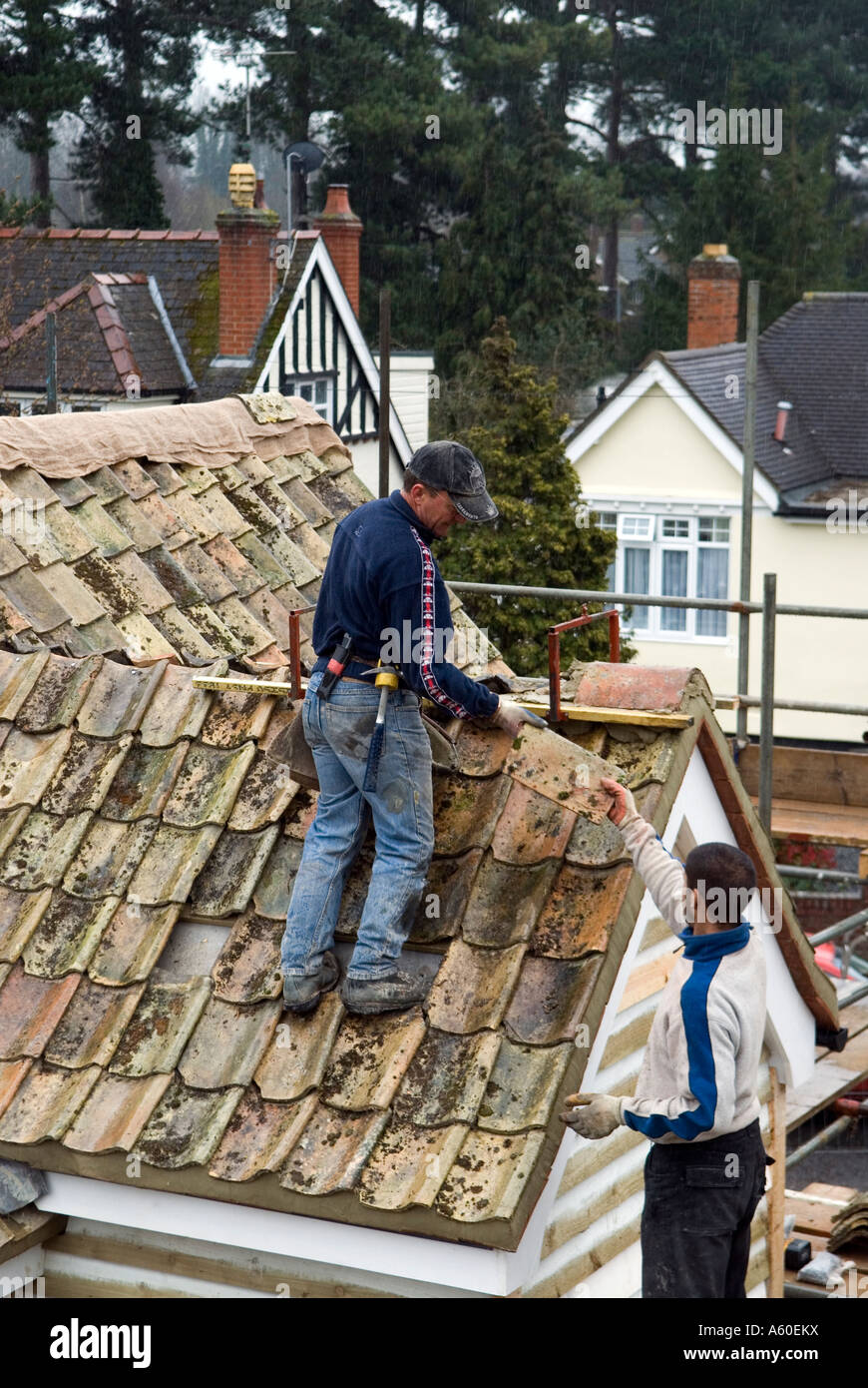 DACHDECKER BEI DER ARBEIT MACHT EIN NEUES DACH MIT ALTEN PANTILES SAFFRON WALDEN ESSEX ENGLAND Stockfoto