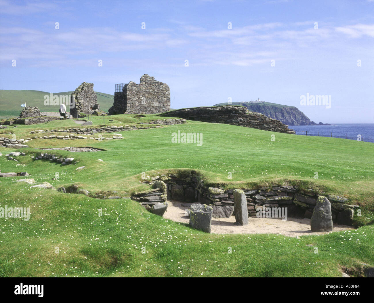 dh Jarlshof Norse Great Hall JARLSHOF SUMBURGH SHETLAND ISLANDS Iron Alter Dorf Ruinen Sumburgh Head viking Siedlung schottland Stockfoto