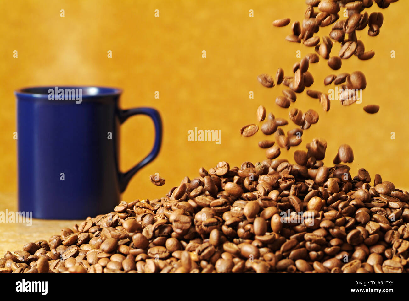 Kaffee Bohnen gießen in einem Haufen mit einer dampfenden Tasse Kaffee im Hintergrund Stockfoto