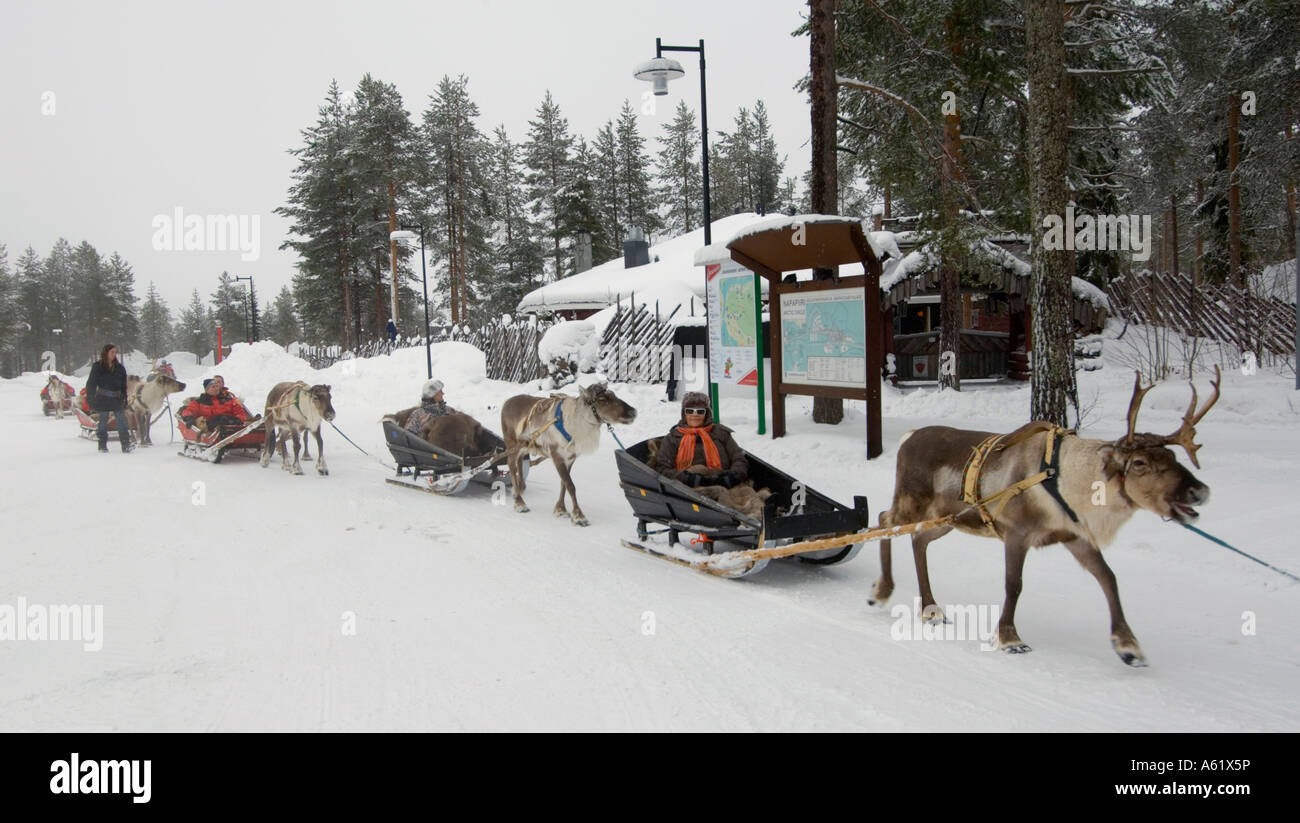 Touristen im Schlitten von Rentieren gezogen, Santa Claus Village, Rovaniemi, Lappland, Finnland, Europa, Arktis Stockfoto