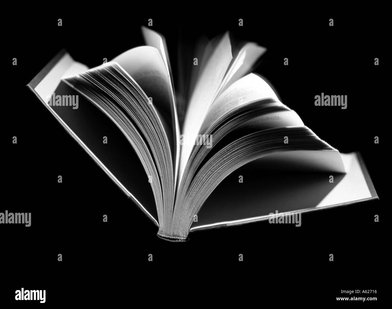 Offenes Buch mit Seiten unscharf in Bewegung Stockfoto