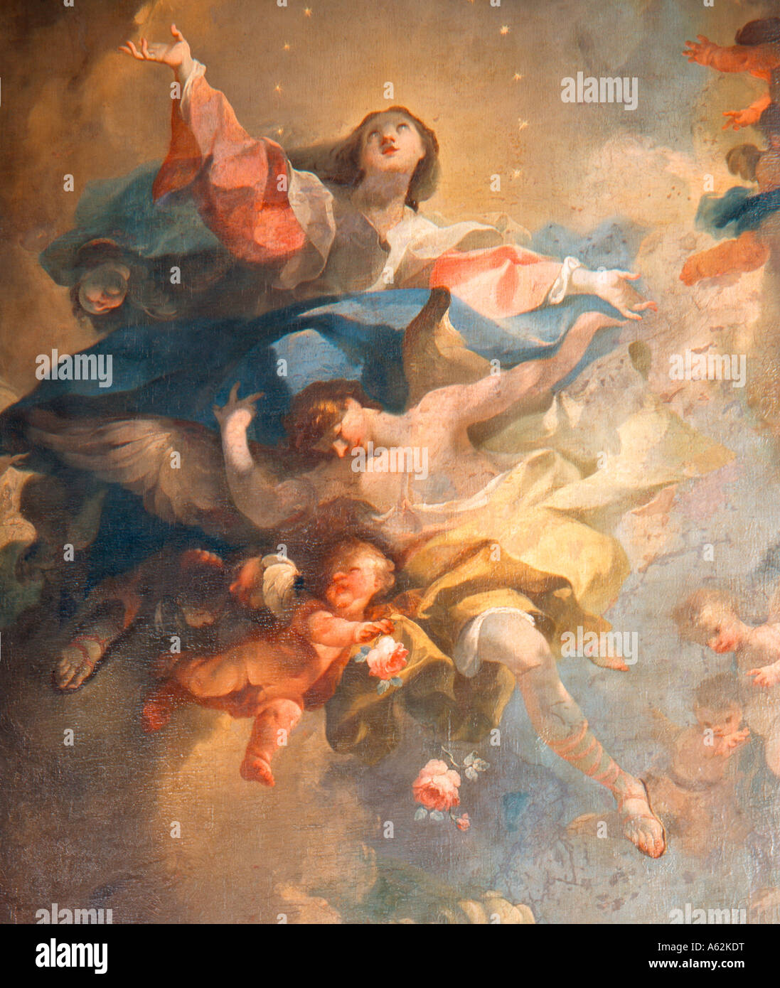 Mainz, St. Quintin, Himmelfahrt Mariens, Gemälde von Maulpertsch der Westwand, Detail Stockfoto