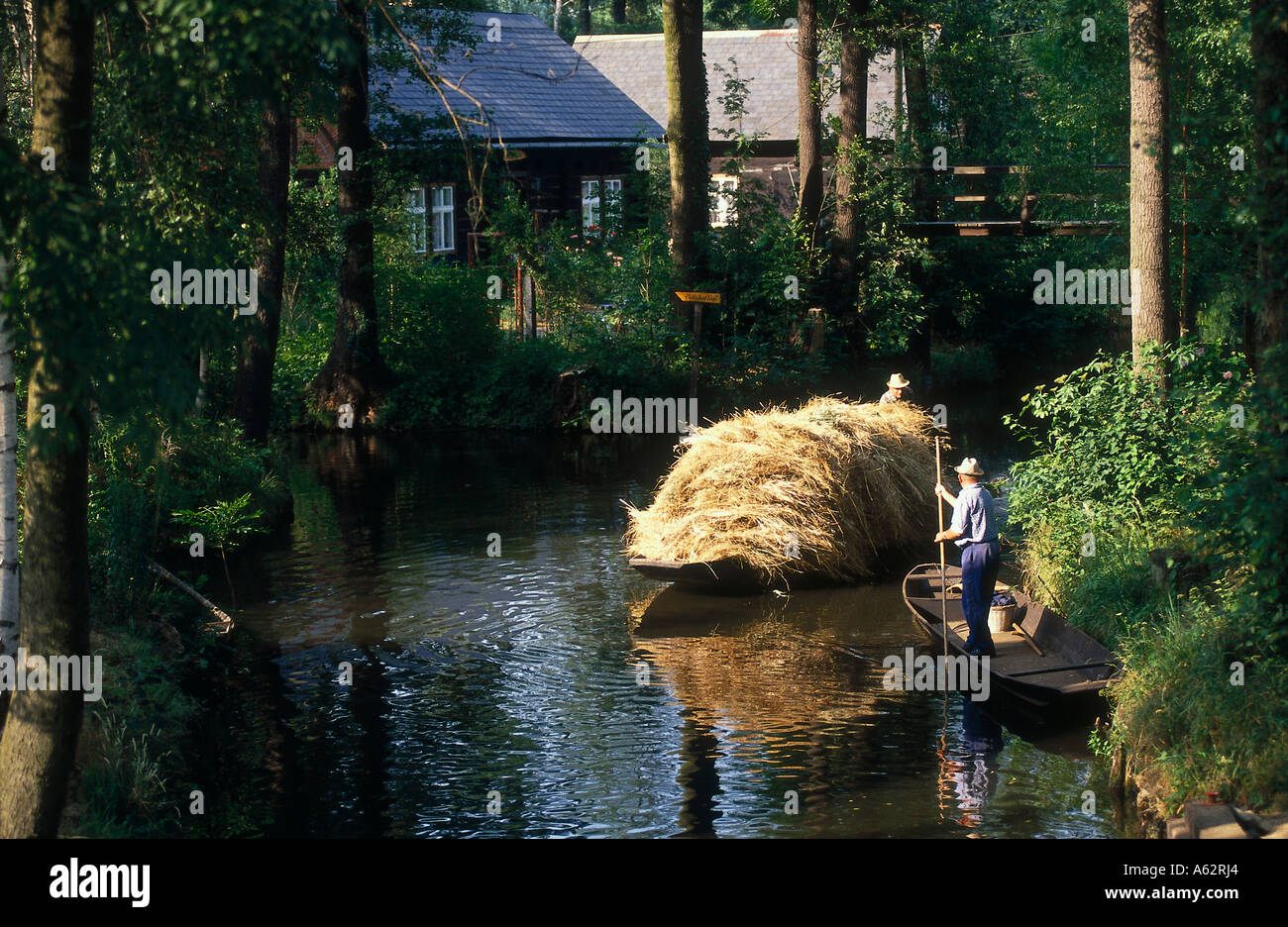 Stroh geladen auf Boot im Kanal, Spreewald, Brandenburg, Deutschland Stockfoto