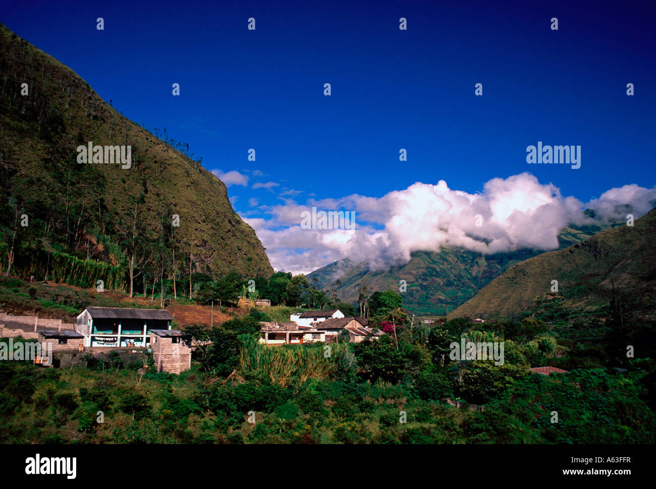 Wohnungen, Häuser, Pastaza River Canyon, östlich von Banos, Provinz Tungurahua, Ecuador, Südamerika Stockfoto