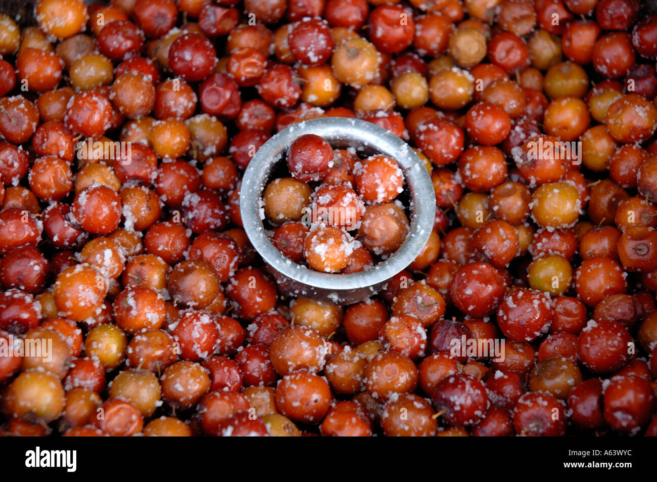 Gesalzene rote Beeren auf Straßen durch Aluminium Maßnahme in Indien verkauft Stockfoto