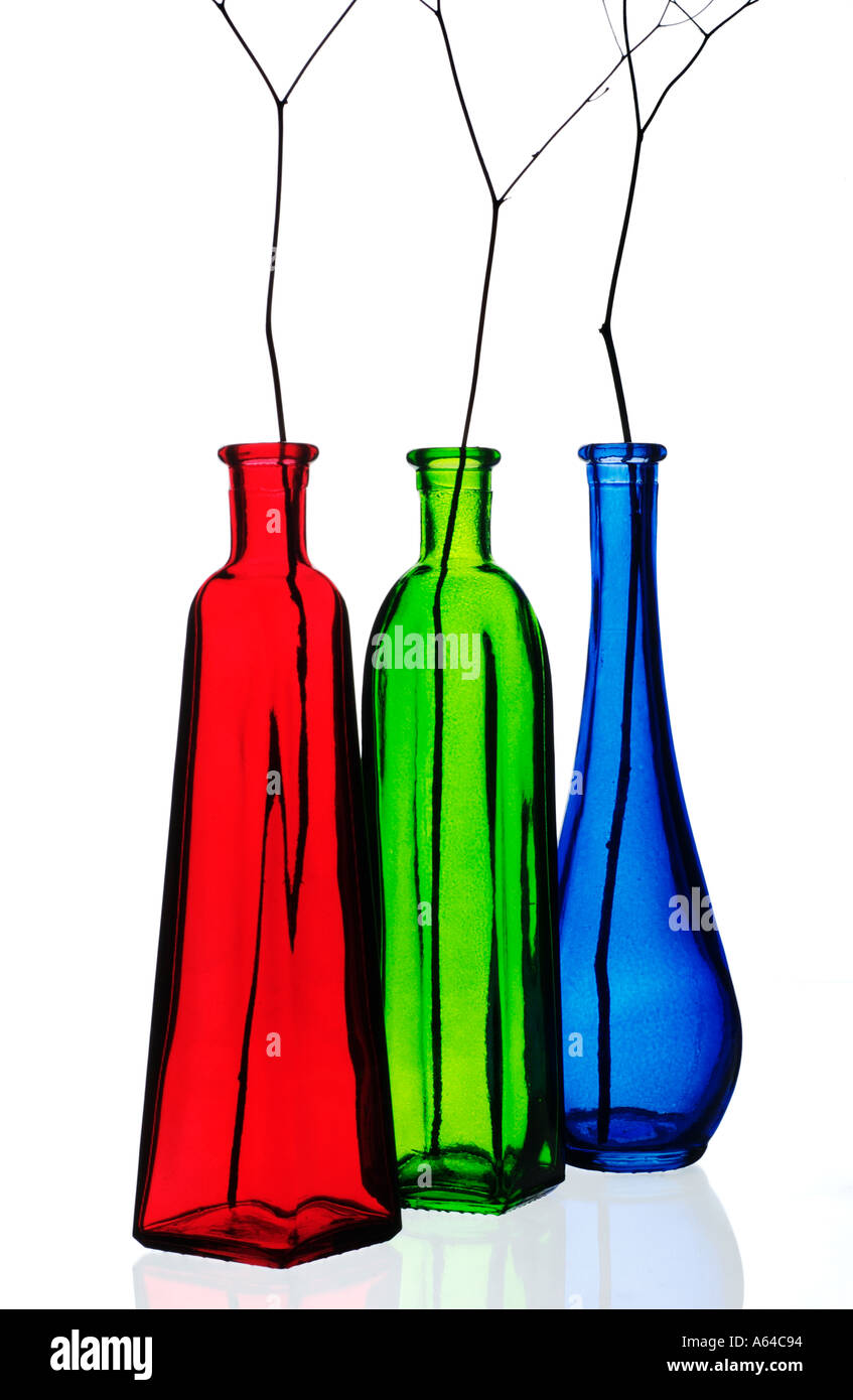 Rote, grüne und blaue Flaschen Stockfoto