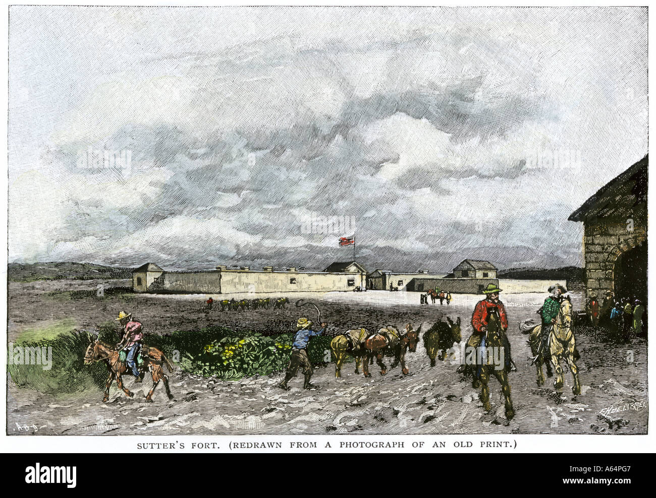 Sutters Fort in den 1840er Jahren wurde das Zentrum des California Gold Rush. Hand - farbige Holzschnitt Stockfoto