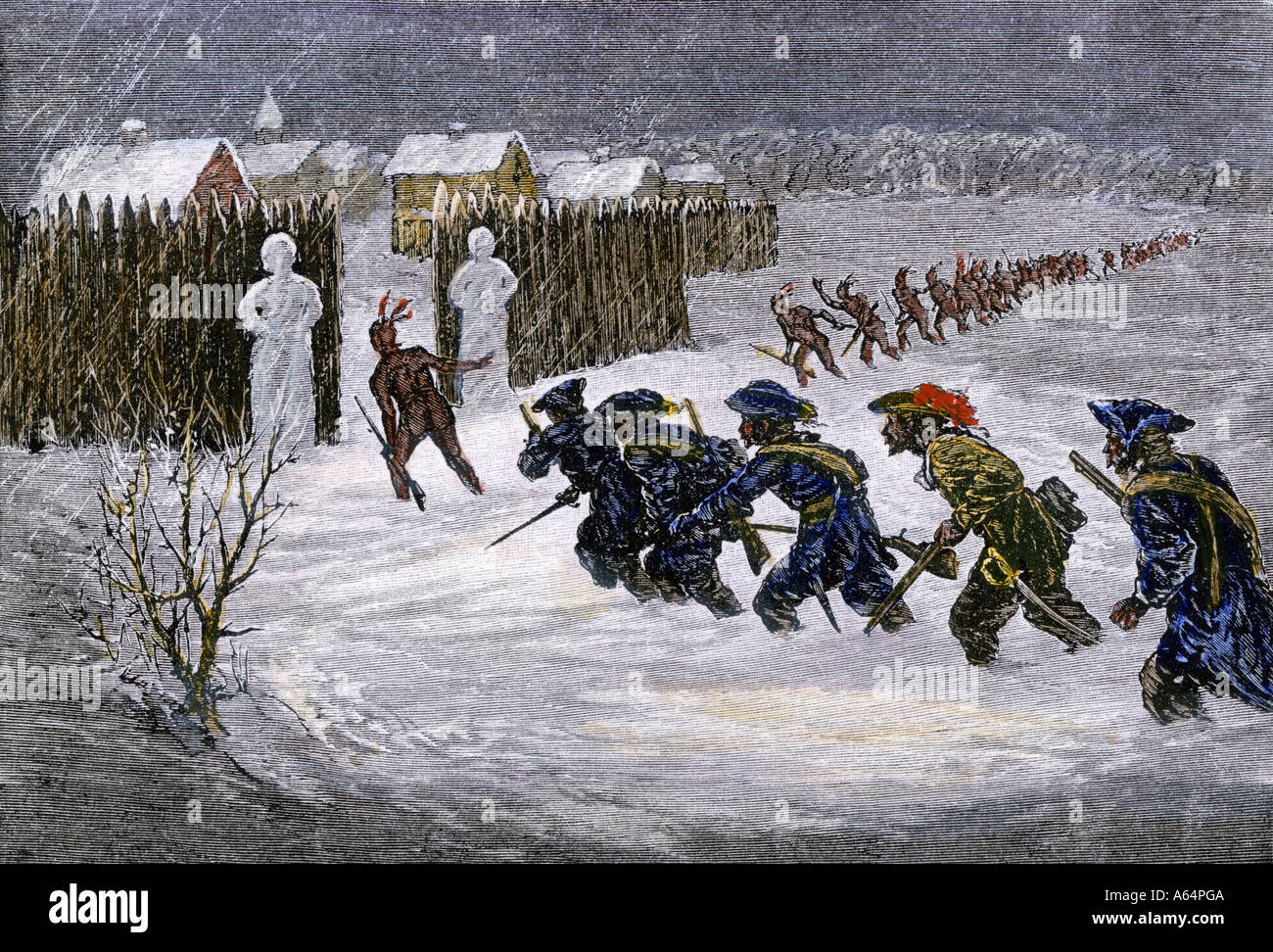 Französische und Indische verbündeten Angriff britische Siedlung bei Schenectady New York im Winter 1689-1690. Hand - farbige Holzschnitt Stockfoto