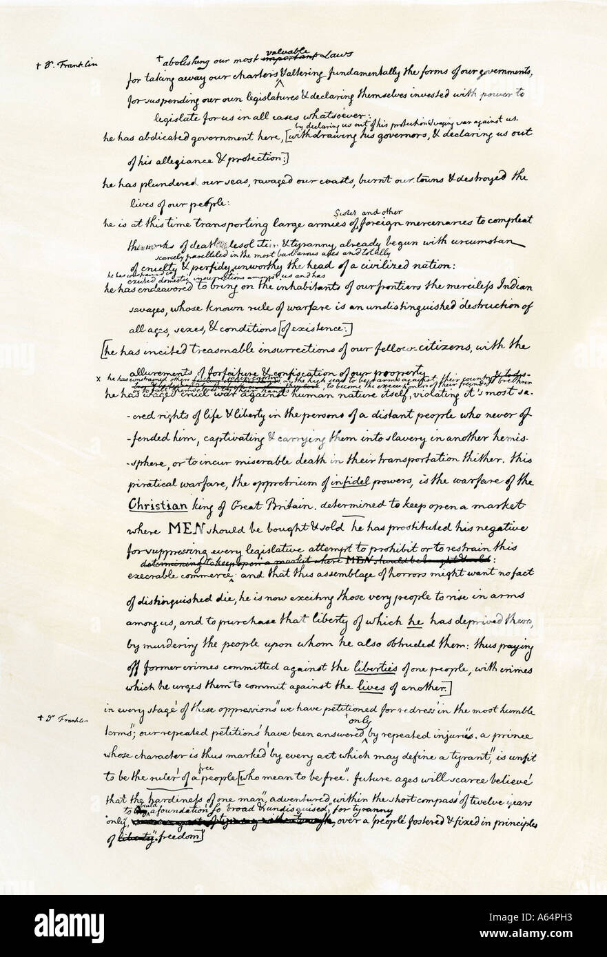 Entwurf der Erklärung der Unabhängigkeit in der Handschrift von Thomas Jefferson Seite 3. Holzschnitt mit einem Aquarell waschen Stockfoto