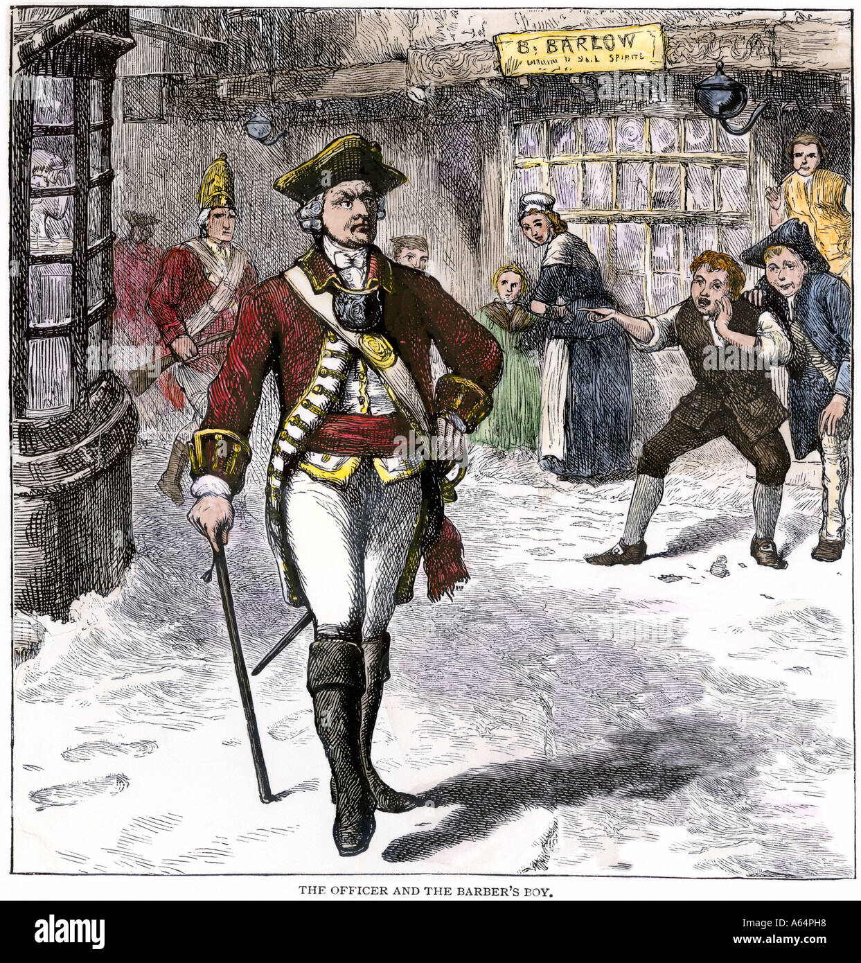 Britischer Offizier belästigt durch koloniale Jungen in Boston vor den revolutionären Krieg. Hand - farbige Holzschnitt Stockfoto