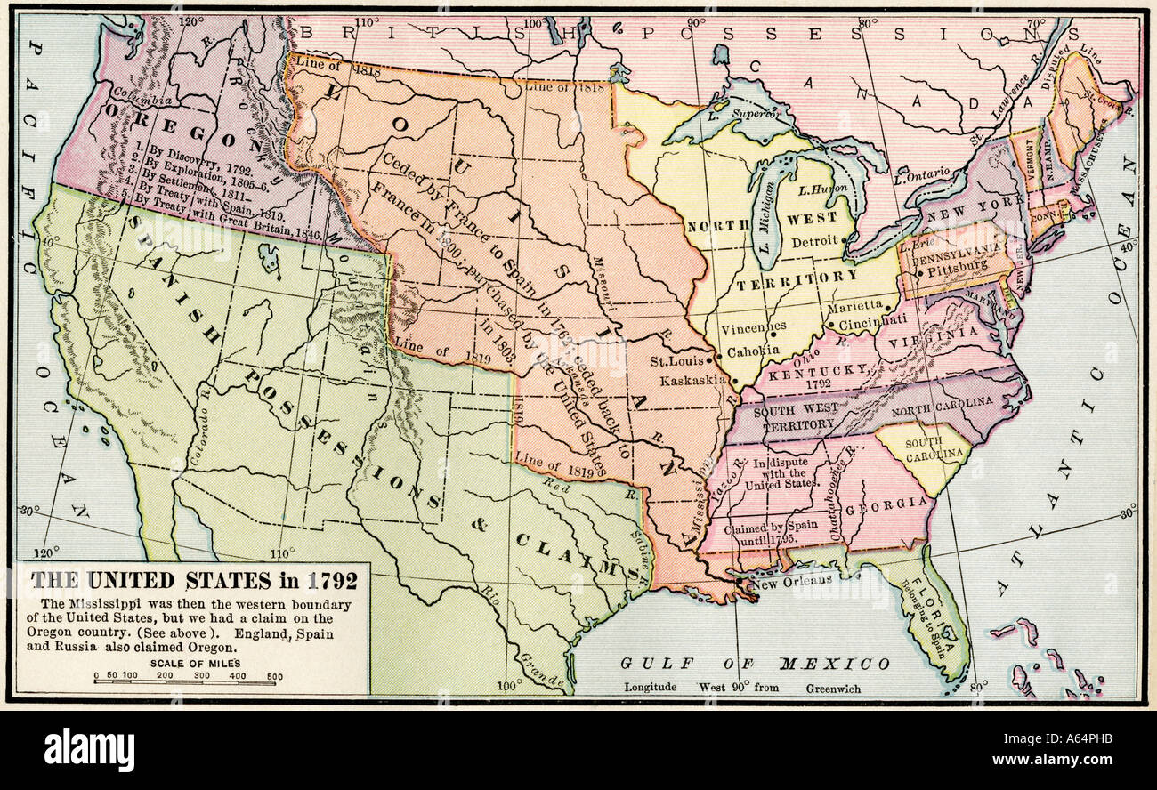 Karte der Vereinigten Staaten im Jahre 1792 Übersicht kolonialen Ansprüche auf Oregon Gebiet nach dem Amerikanischen Unabhängigkeitskrieg. Farblithographie Stockfoto