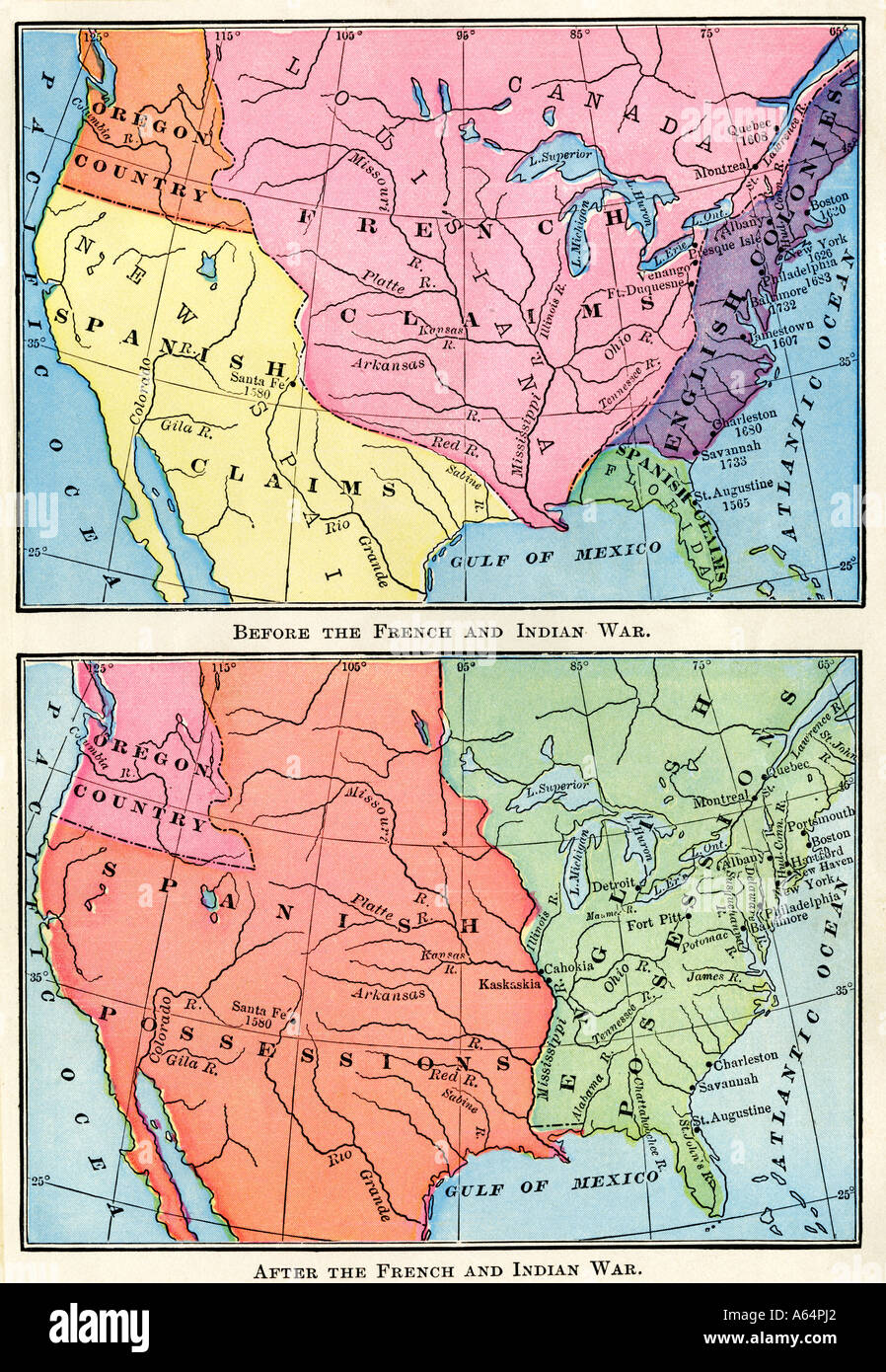 Karten der Nordamerikanischen britischen und spanischen Kolonien vor und nach dem Franzosen- und Indianerkrieg 1700. Farblithographie Stockfoto