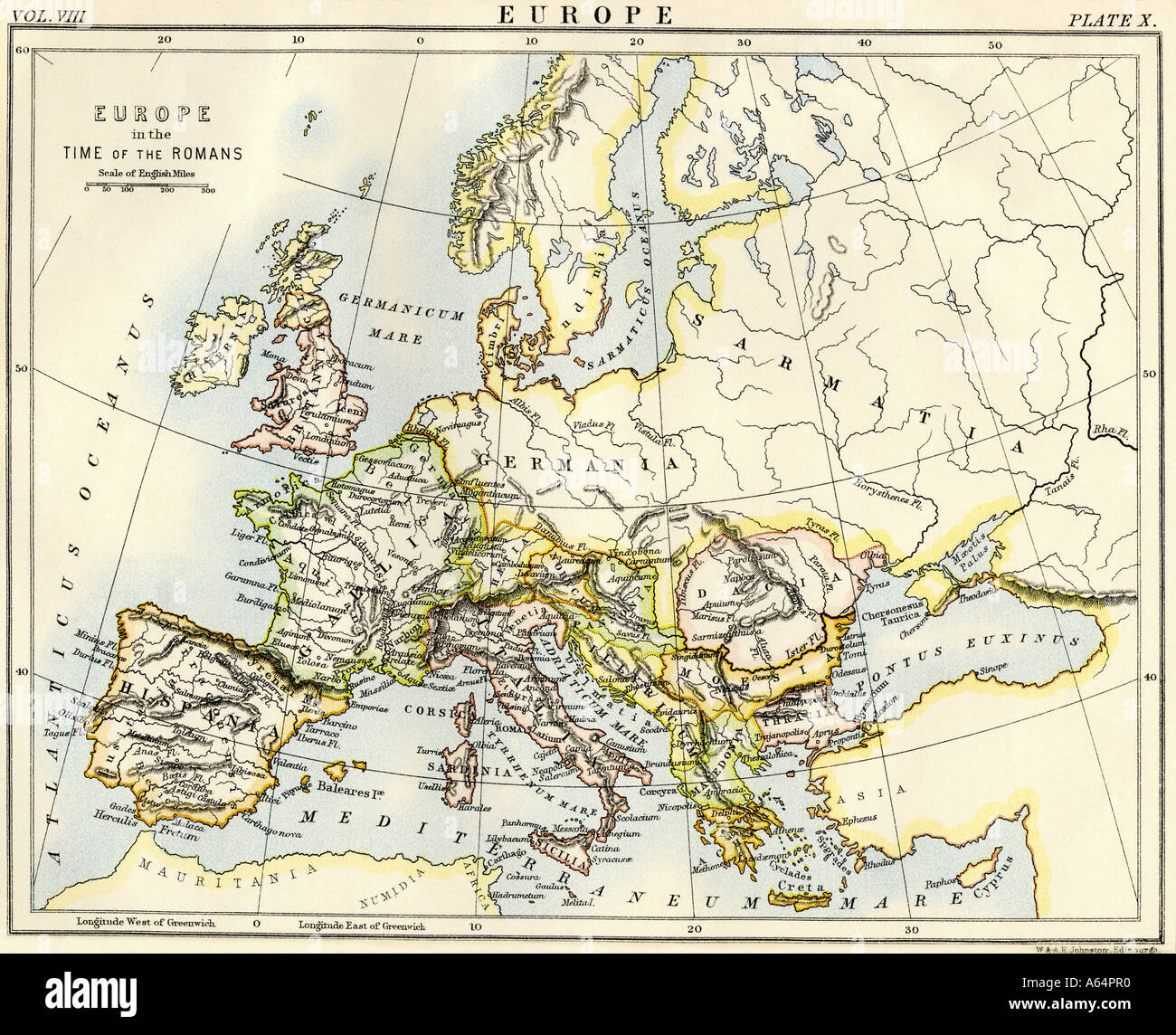 Karte von Europa in der Zeit des Römischen Reiches. Farblithographie Stockfoto