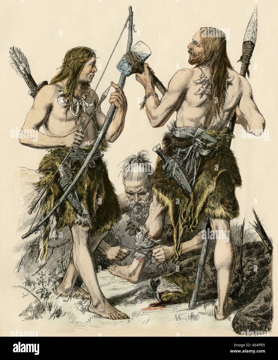 Europäische Jäger der Steinzeit. Hand-farbig drucken Stockfoto