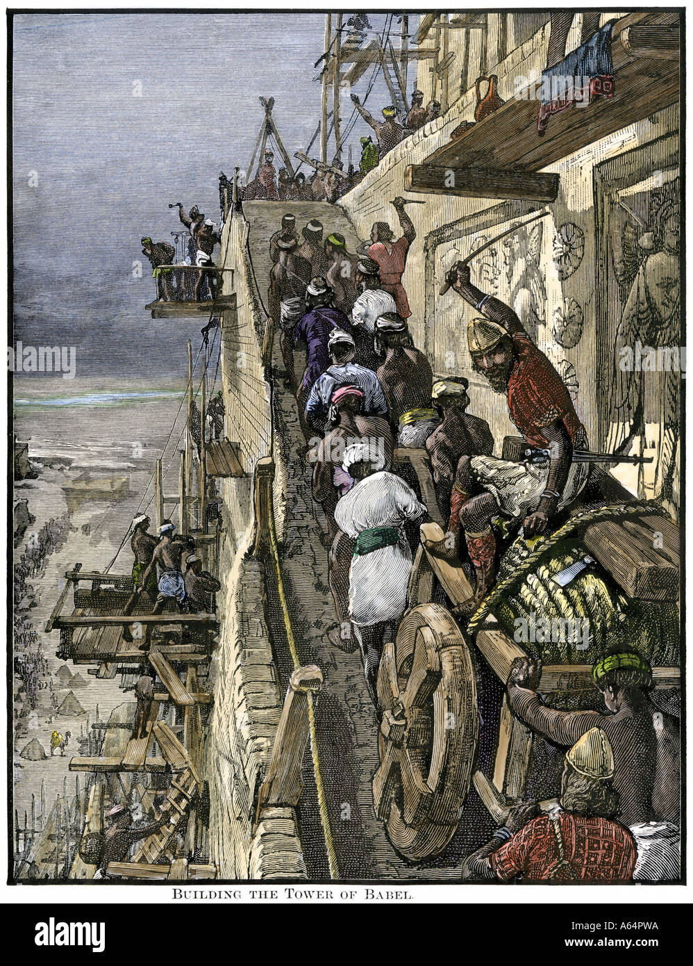 Arbeitnehmer Gebäude der Turm zu Babel in das antike Babylon. Hand - farbige Holzschnitt Stockfoto