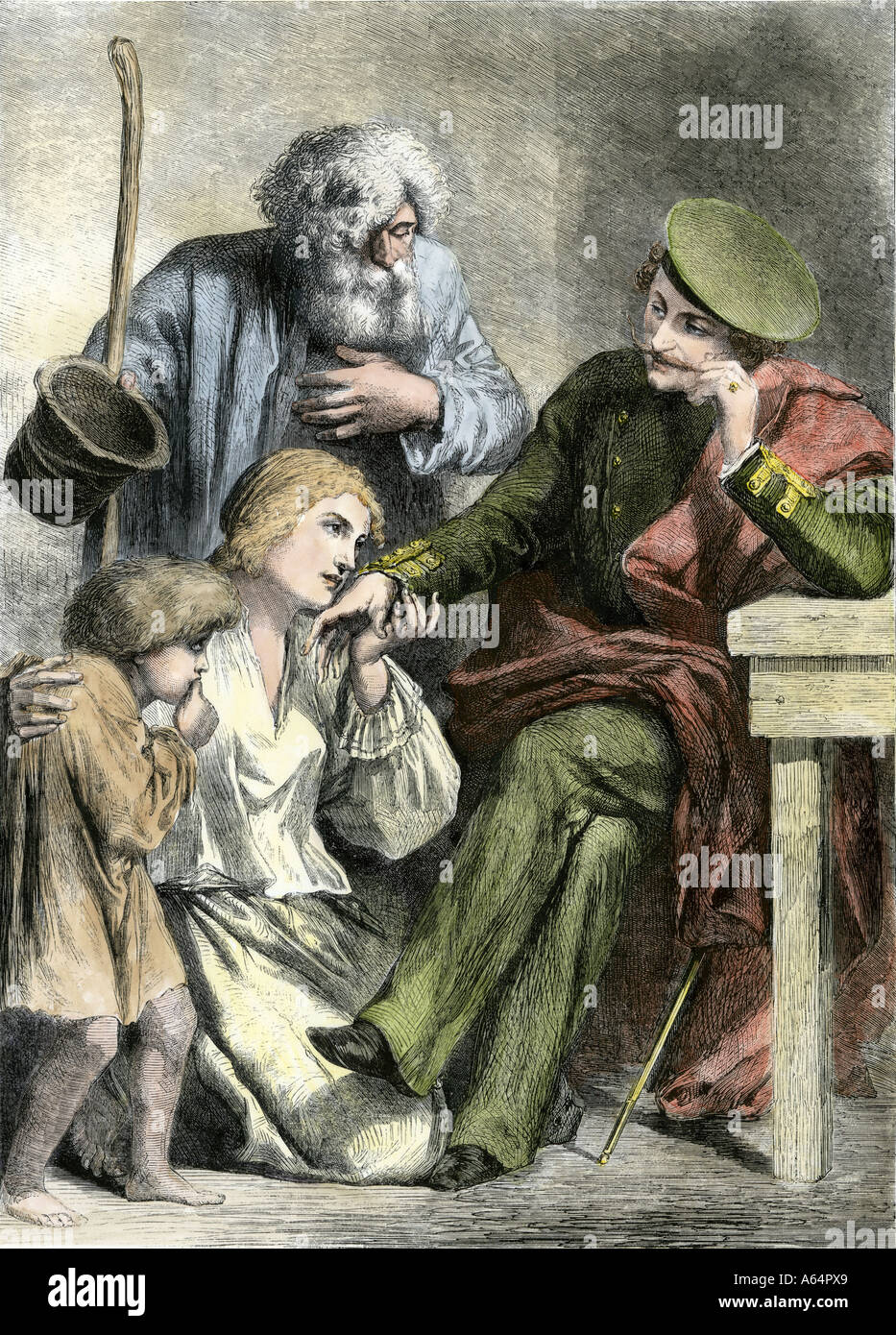 Familie der Russischen leibeigenen Gruß einer adligen Grundbesitzer 1800. Hand - farbige Holzschnitt Stockfoto