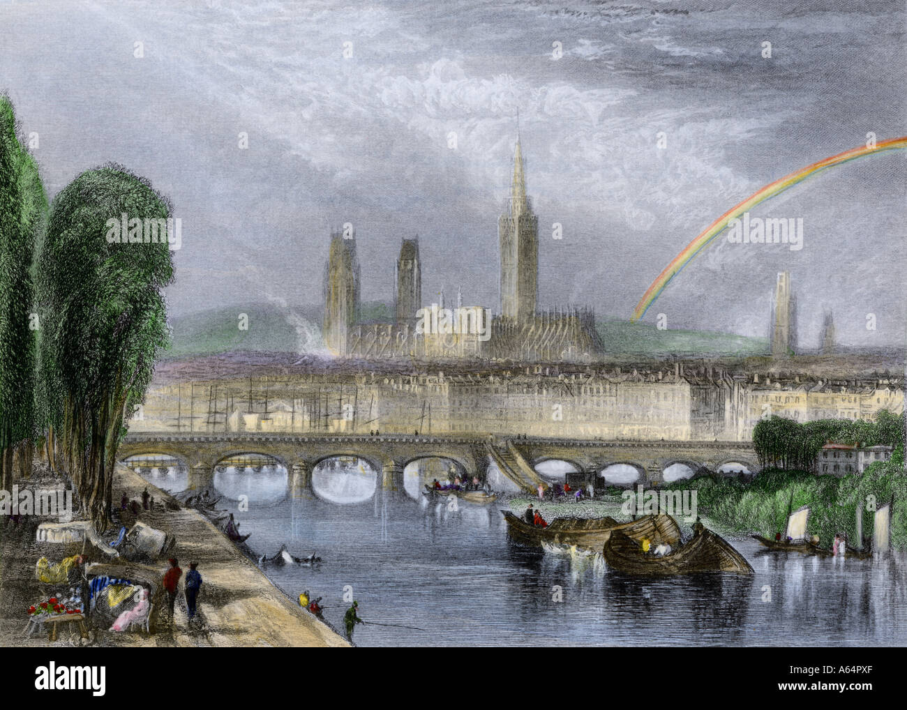 Rouen Frankreich auf dem Fluss Seine Anfang 1800. Hand - farbige Gravur Stockfoto