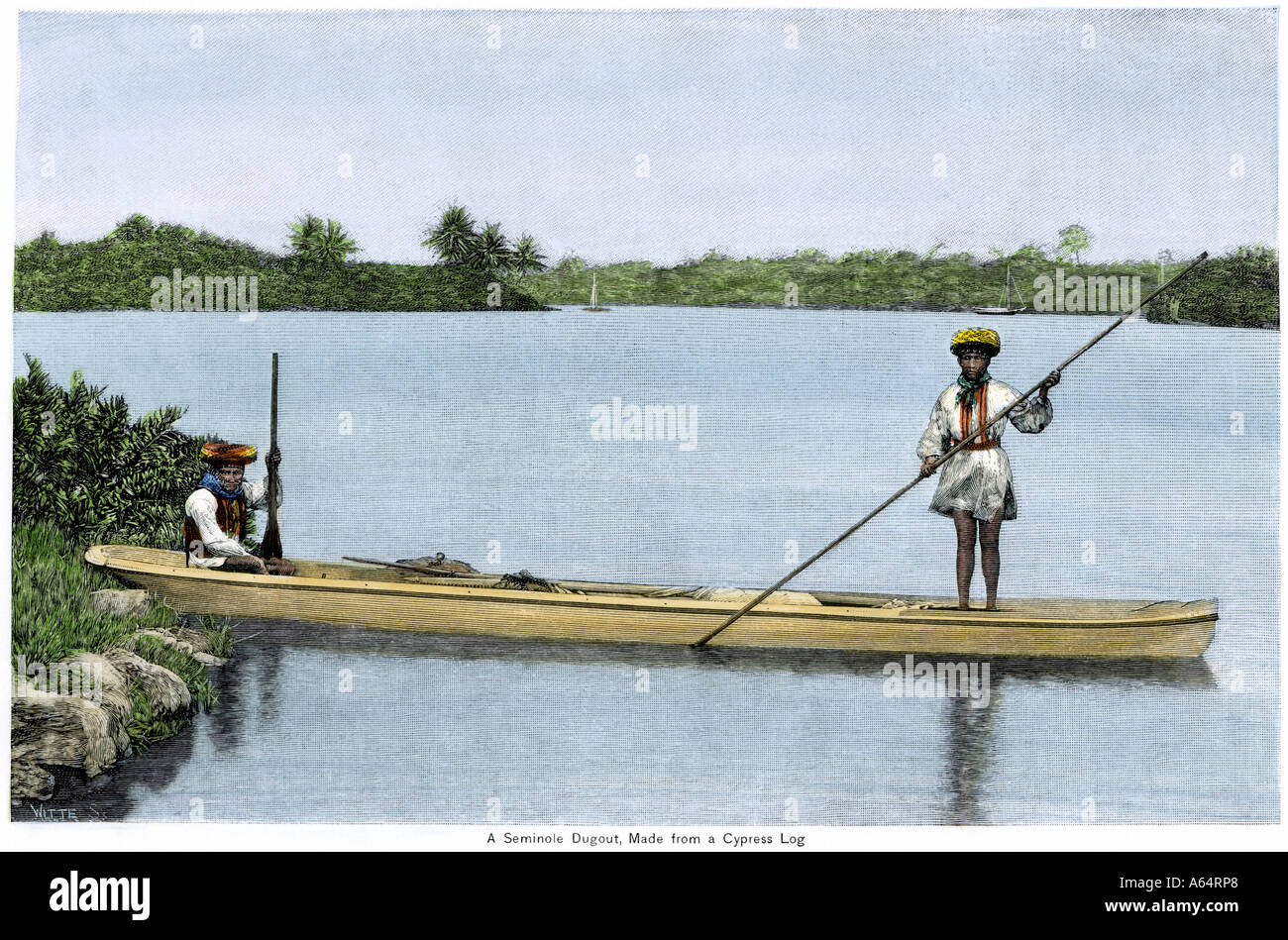 Seminole Indianer in ihren Einbaum aus Cypress log in Florida 1800. Hand - farbige Holzschnitt Stockfoto