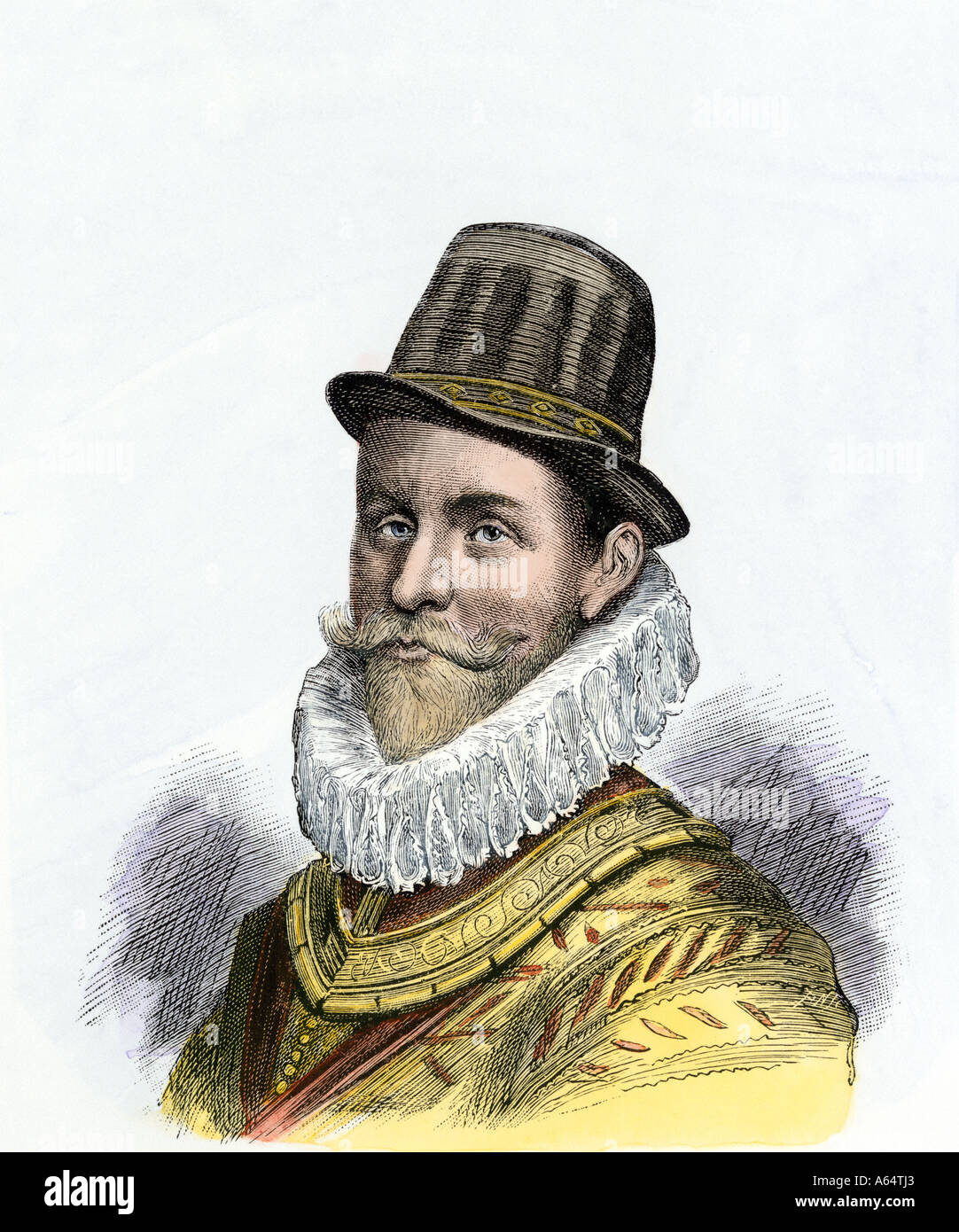 Sir John Hawkins englische Explorer und Naval Commander gegen die spanische Armada 1588. Hand - farbige Holzschnitt Stockfoto