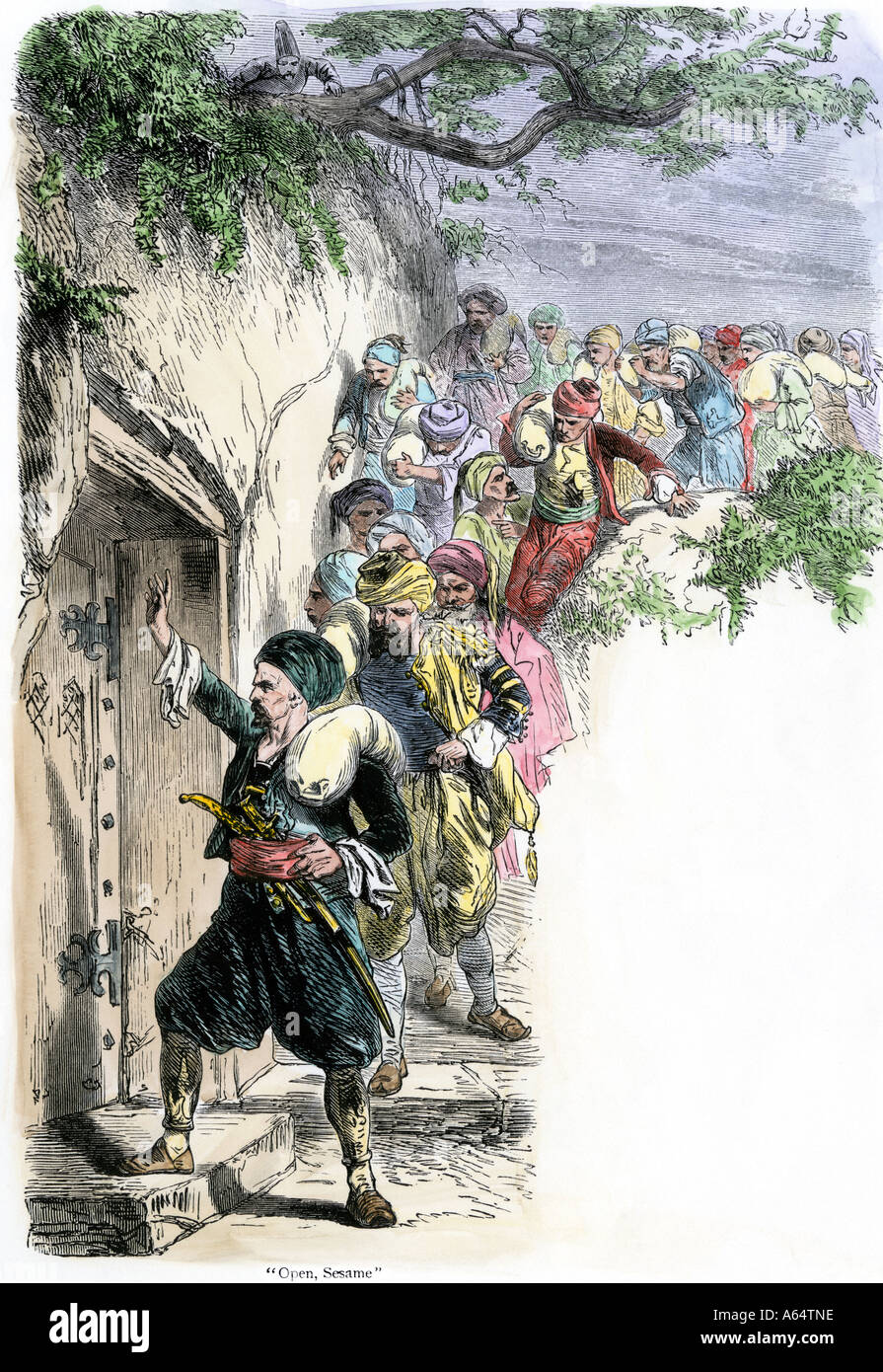 Vierzig Diebe öffnen Sie Ihren Schatz in der Höhle Ali Baba Märchen in der 1001 Nächte. Hand - farbige Holzschnitt Stockfoto