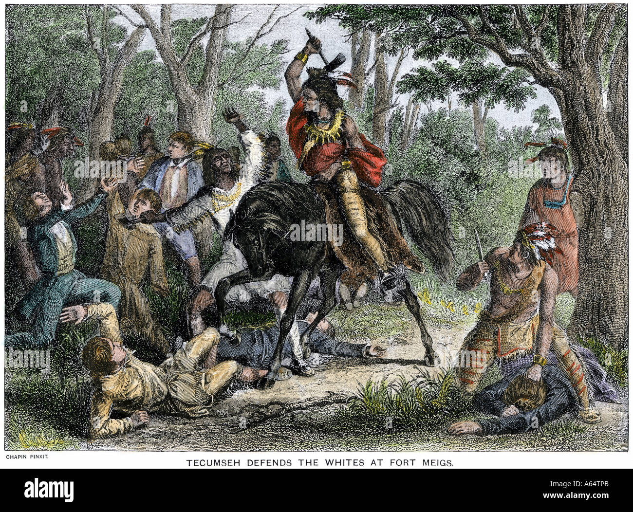 Chief Tecumseh verteidigt die Weißen am Fort Meigs Ohio durch die Briten in den Krieg belagerten von 1812. Handcolorierte halftone einer Abbildung Stockfoto
