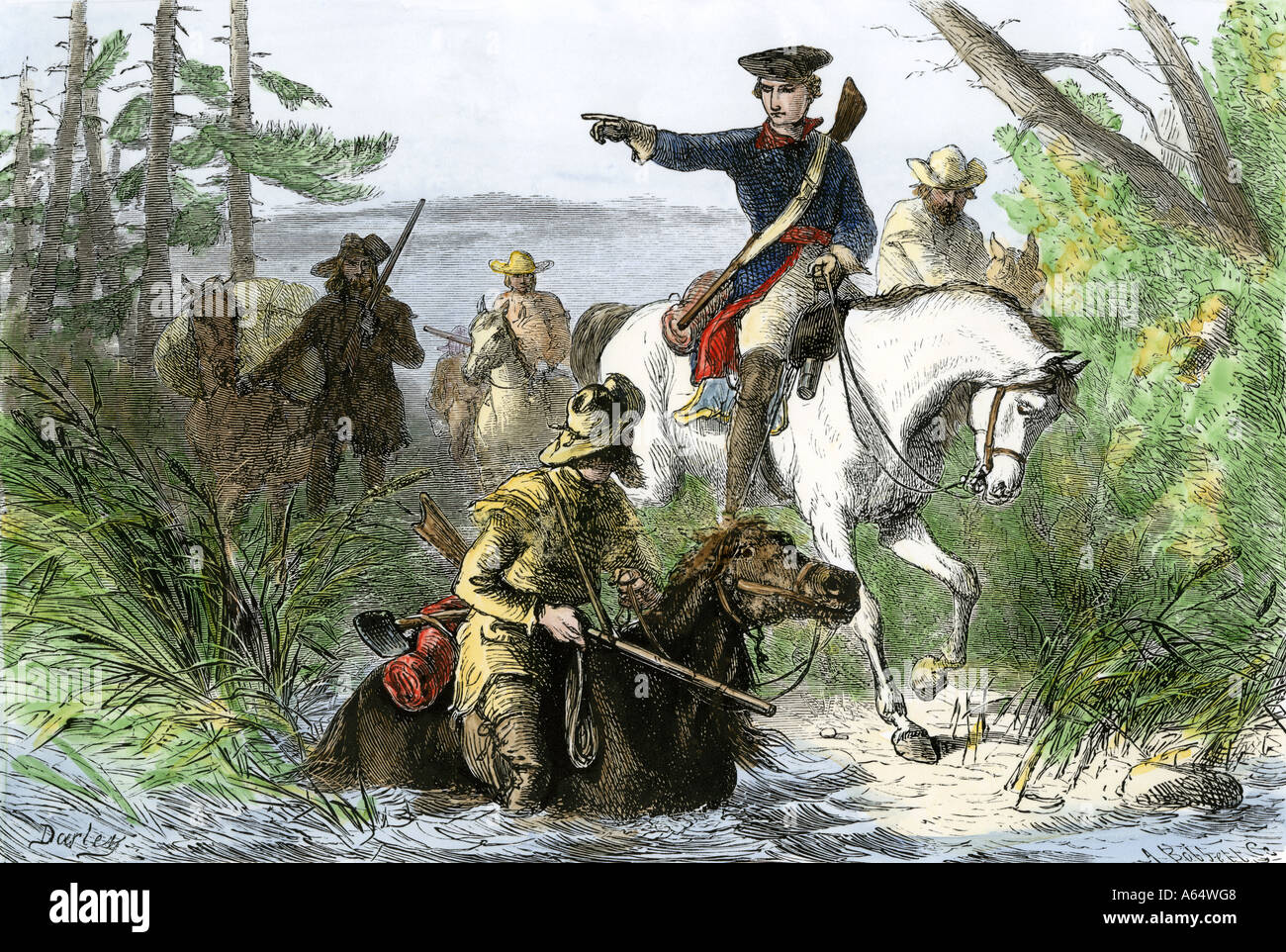 Major George Washington im Dienst der Britischen Armee in den Franzosen- und Indianerkrieg. Hand - farbige Holzschnitt Stockfoto