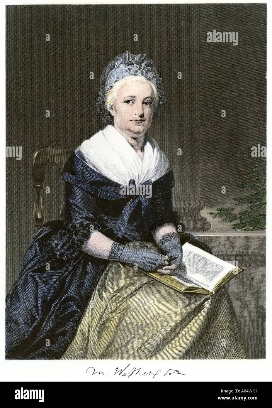 Martha Washington sitzt ein Buch halten. Handcolorierte Stahlstich Stockfoto