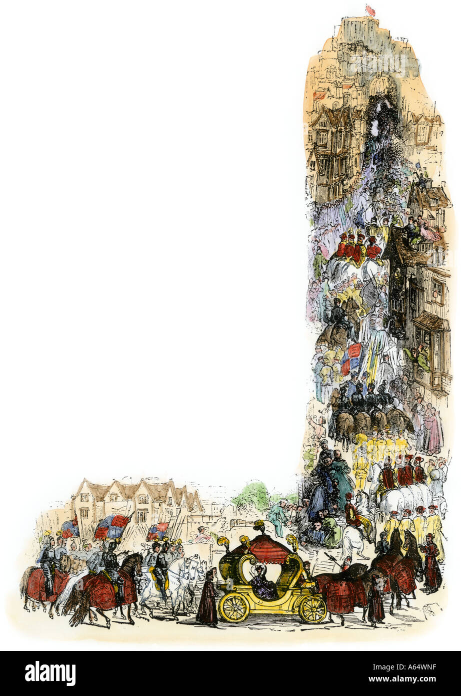 Queen Elizabeth Krönungsprozession zu St Paul's Kathedrale in London 1558. Hand - farbige Holzschnitt Stockfoto