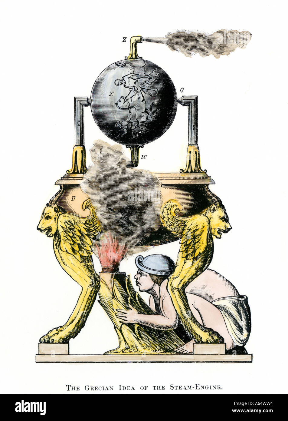 Antike griechische Dampf-motor als von Hero von Alexandria konzipiert. Hand - farbige Holzschnitt Stockfoto