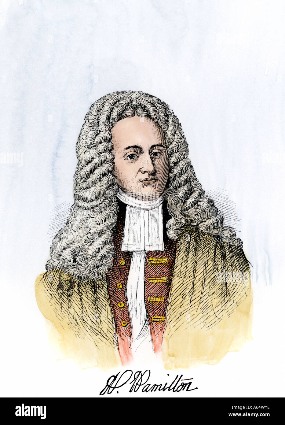 Andrew Hamilton Anwalt, John Peter Zenger gegen britische Zeitung Zensur 1735 verteidigt. Hand - farbige Holzschnitt Stockfoto