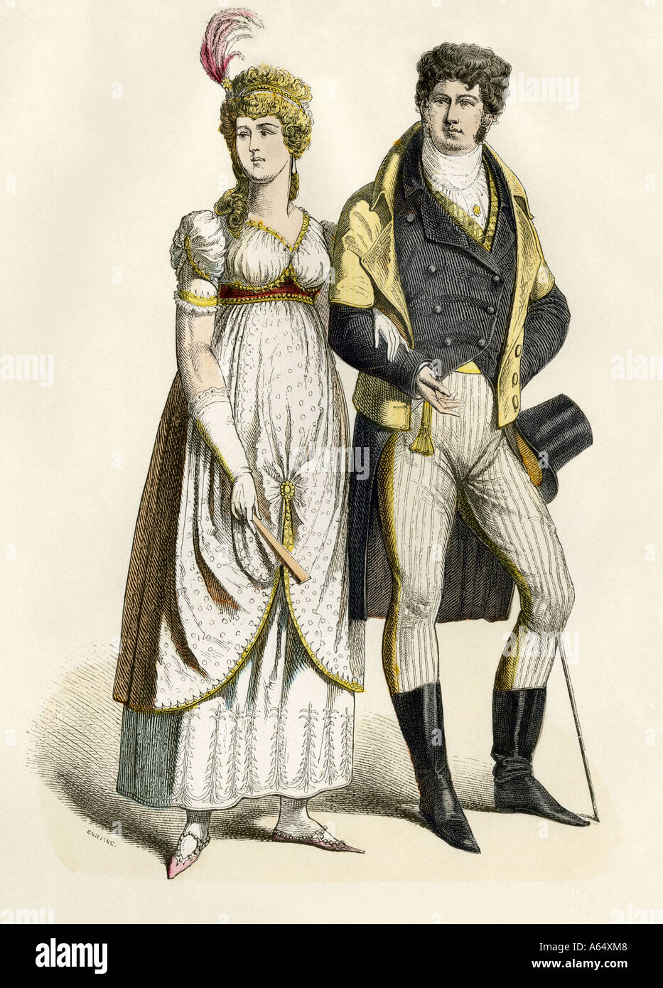 Modische deutsches Paar ungefähr 1800. Hand-farbig drucken Stockfoto