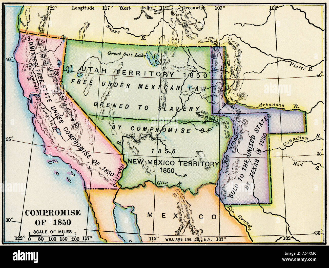 Karte, die die Ausweitung der Sklaverei in den westlichen US-Gebiet nach dem Kompromiss von 1850. Farblithographie Stockfoto